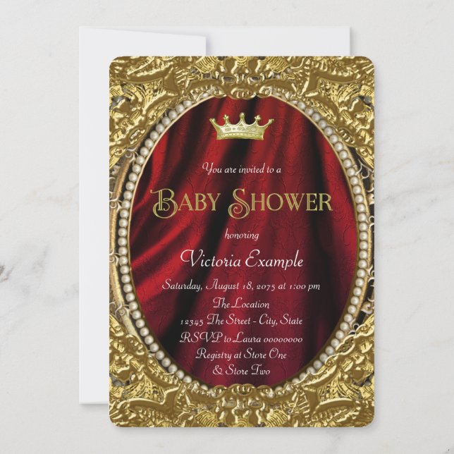 Invitación Fancy Royal Red and Gold Prince Baby Shower (Reverso)