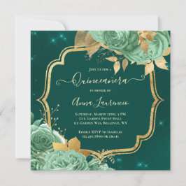 Invitación Fancy Sage Green Emerald Gold Floral Quinceanera