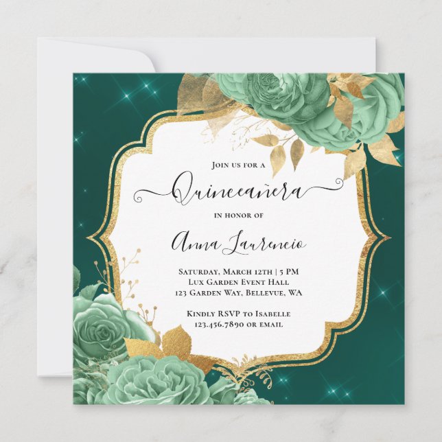Invitación Fancy Sage Green Gold Floral Rosas Quinceanera (Anverso)