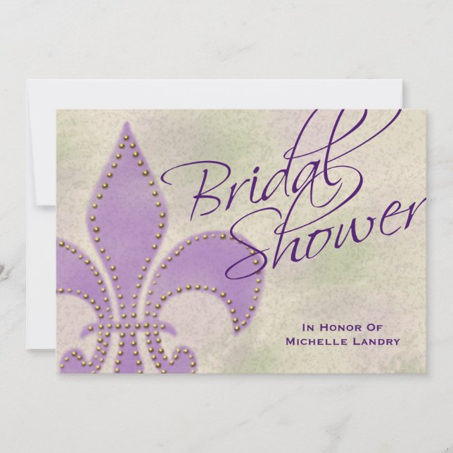 Invitación Fancy Script Purple Fleur de Lis Bridal Shower (Anverso)