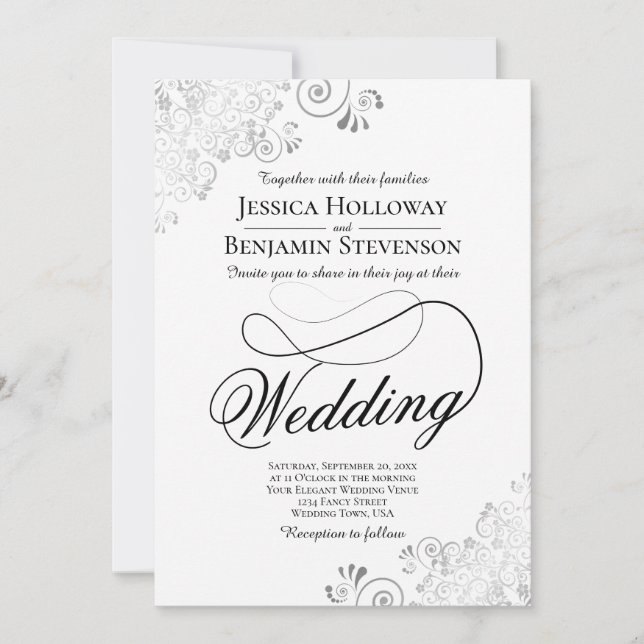 Invitación Fancy Script with Flourish Silver & White Wedding (Anverso)