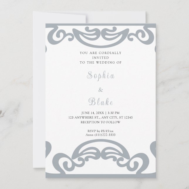 Invitación Fancy Silver y White Scroll Art Deco Boda (Anverso)