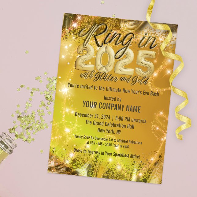 Invitación Fancy Sparkling Gold New Year's Eve Corporate Bash (Subido por el creador)