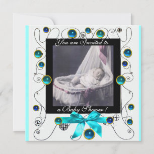 Invitación FANCY SWIRLS BABY SHOWER MONOGRAM,plantilla de fot