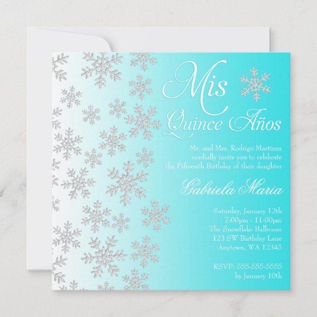 Invitación Fancy Verde azulado Snowflake Winter Wonderland Qu (Anverso)