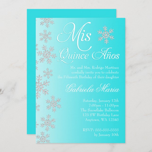 Invitación Fancy Verde azulado Snowflake Winter Wonderland Qu (Anverso / Reverso)