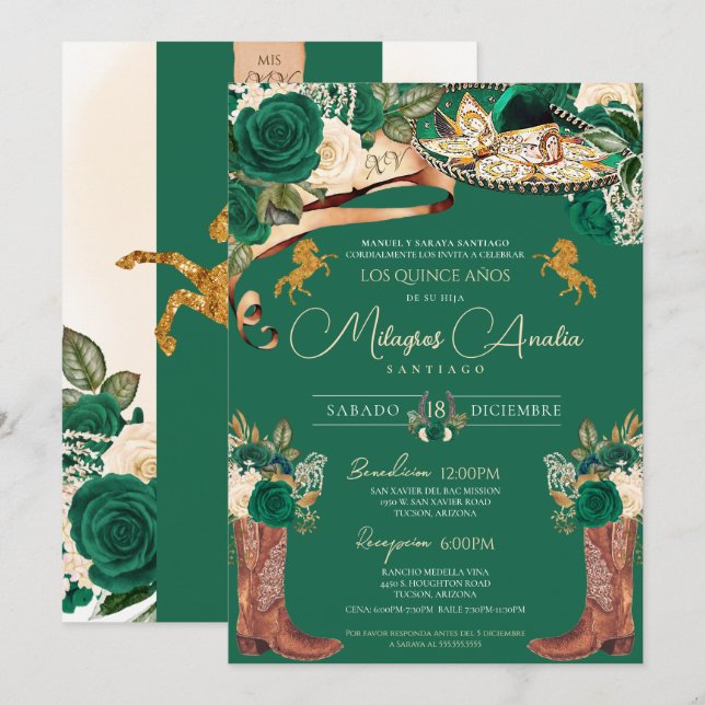Invitación Fancy verde esmeralda Mariachi Charro Quinceanera (Anverso / Reverso)