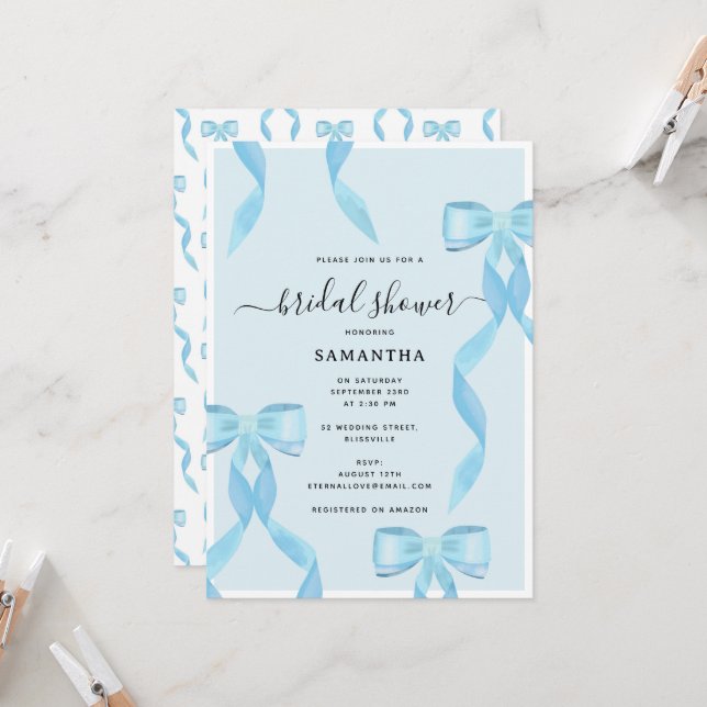 Invitación Fancy Watercolor Azul Bow Bridal Shower Formal (Anverso/Reverso In Situ)