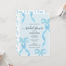 Invitación Fancy Watercolor Azul Bow Bridal Shower Formal