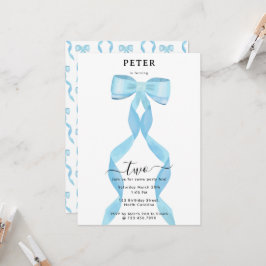 Invitación Fancy Watercolor Azul Bow Cumpleaños Formal