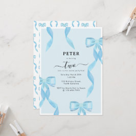 Invitación Fancy Watercolor Azul Bow Niños Formales Cumpleaño