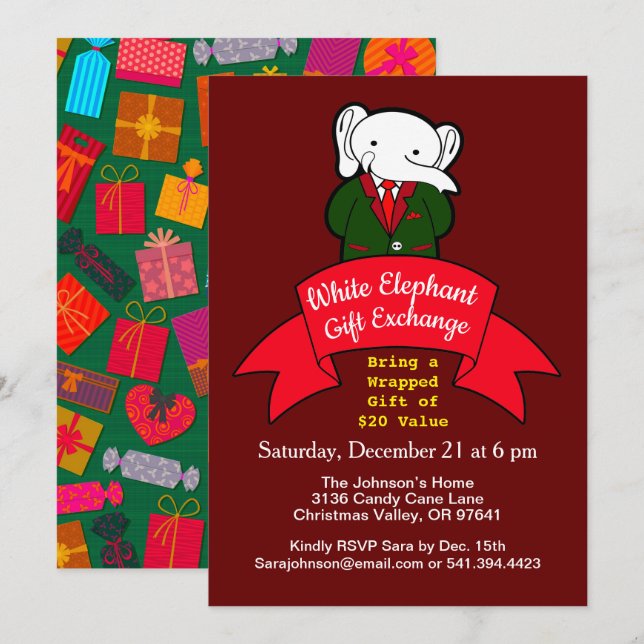 Invitación Fancy White Elephant Navidades Regalo Exchange (Anverso / Reverso)