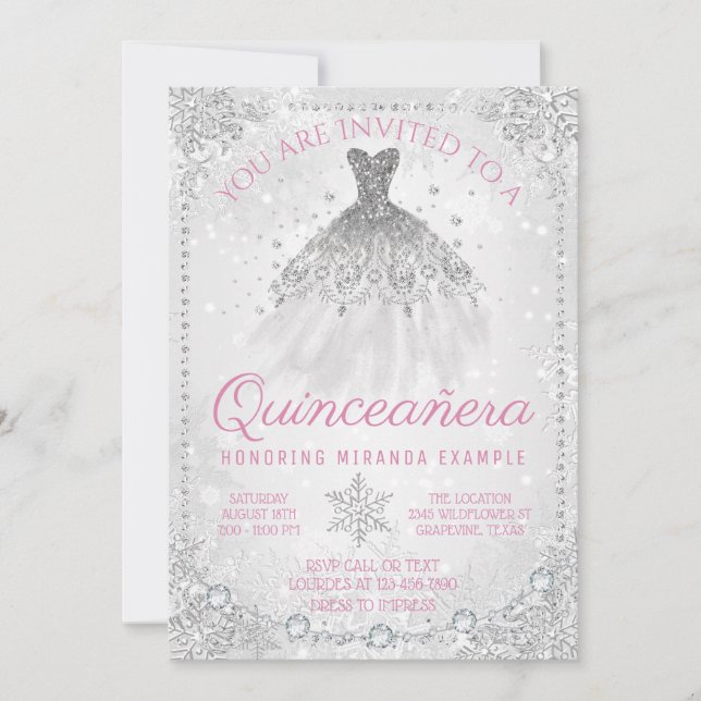 Invitación Fancy Winter Wonderland Snowflake Quinceañera (Anverso)