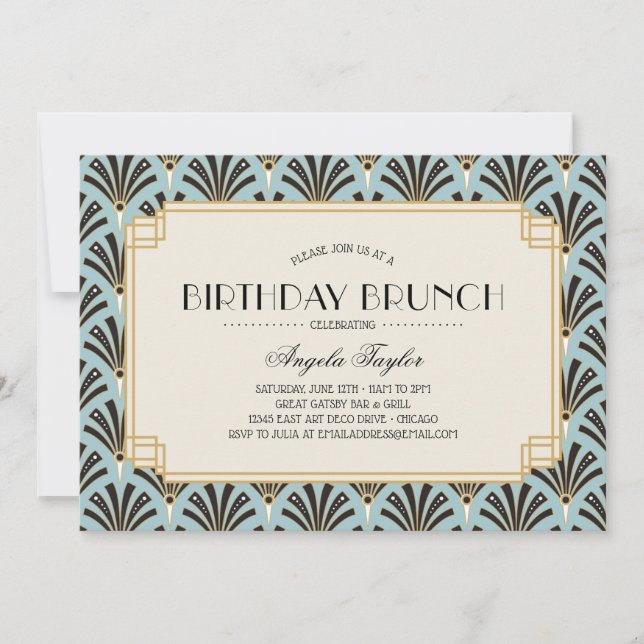 Invitación Fans Art Déco Brunch Azul cumpleaños (Anverso)