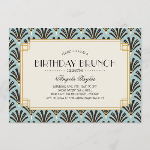 Invitación Fans Art Déco Brunch Azul cumpleaños
