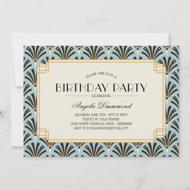 Invitación Fans Art Déco Fiesta de Jubilación Sky Blue (Anverso)