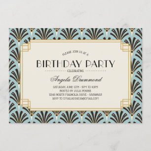 Invitación Fans Art Déco Fiesta de Jubilación Sky Blue