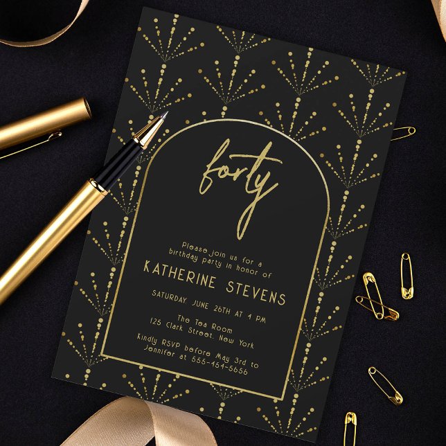 Invitación Fans de Deco Fuegos artificiales Boho de oro Marco (deco 40th birthday invitation gold fans fireworks boho arch black elegant art diy template card)