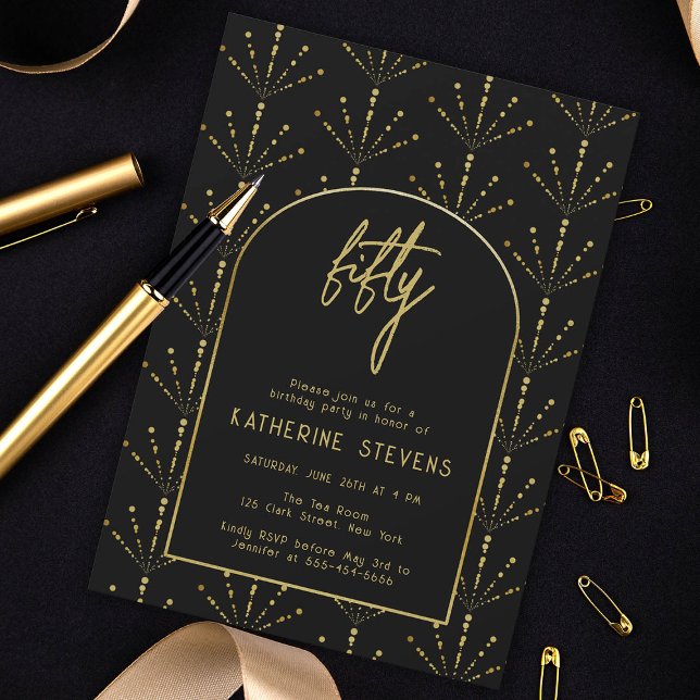 Invitación Fans de Deco Fuegos artificiales Boho de oro Marco (art deco gatsby 50th birthday invitation women black gold fan flowers fireworks geometric elegant)