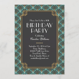 Invitación Fans Elegantes Fiesta de Cumpleaños Art Deco Verde