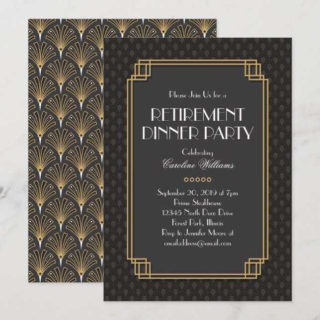 Invitación Fans elegantes Fiestas de retiro Art Déco (Anverso / Reverso)