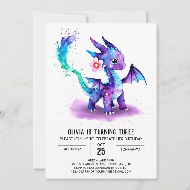 Invitación Fantasía acuarela Dragon Digital Girl Cumpleaños (Anverso)