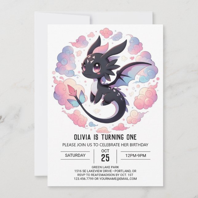 Invitación Fantasía Adorable Dragón Primer Cumpleaños (Anverso)