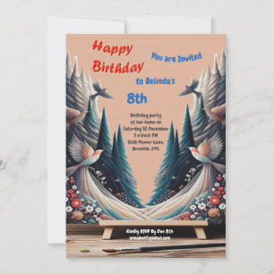 Invitación Fantasía Artística, Dibujos de Aves en Color Invit