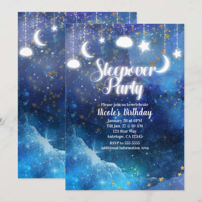 Invitación Fantasía celeste Oro Stars Glow Sleepover Fiesta (Anverso / Reverso)