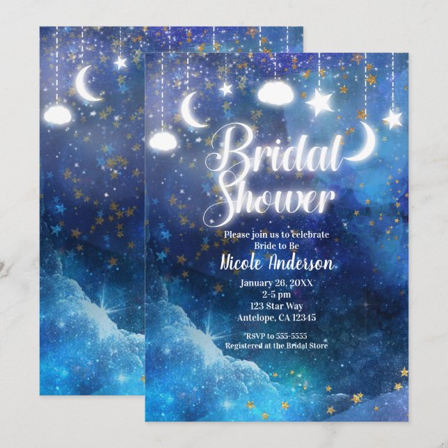 Invitación Fantasía celestial Estrellas de oro y ducha de nov (Anverso / Reverso)