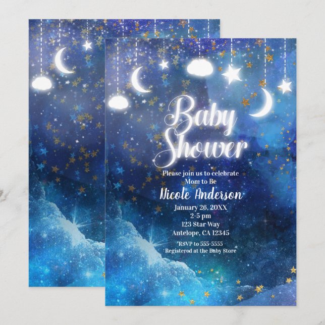 Invitación Fantasía Celestial Estrellas Doradas y Baby Shower (Anverso / Reverso)