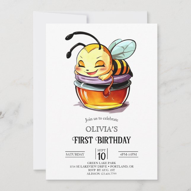 Invitación Fantasía Colorful Digital Bee 1er cumpleaños (Anverso)