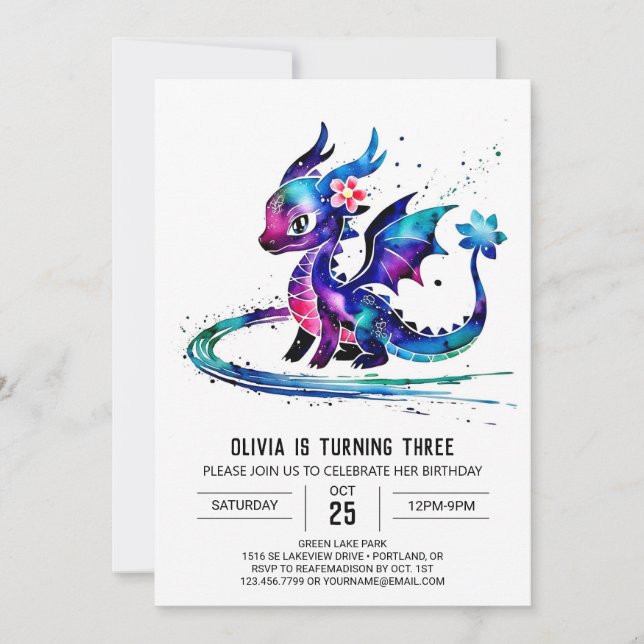 Invitación Fantasía Colorful Dragon Digital Girl Cumpleaños (Anverso)