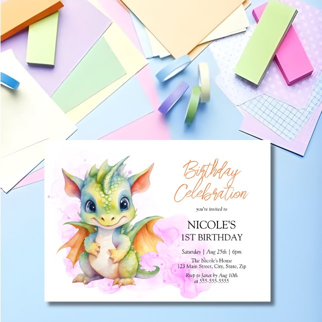 Invitación Fantasía Cute Bebé Dragón cuento de hadas Primer c (Subido por el creador)