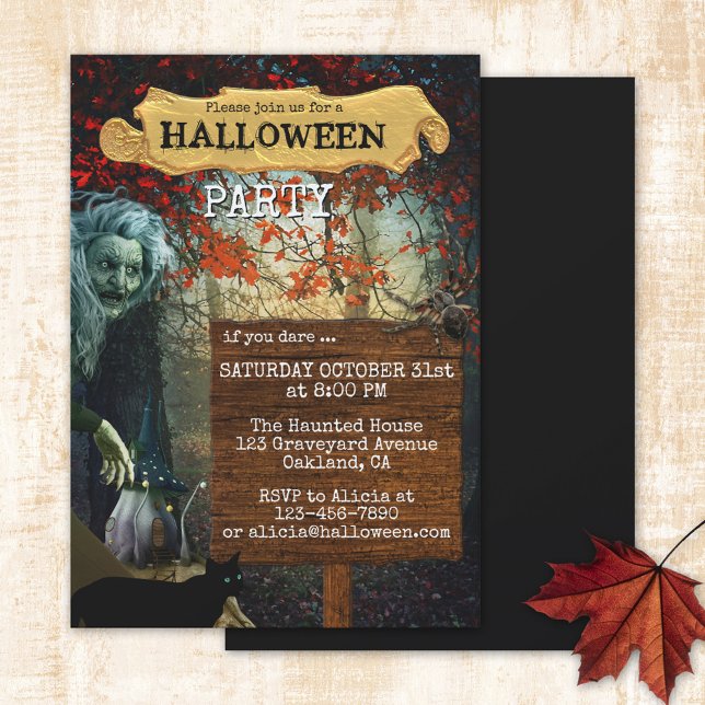Invitación Fantasía de bruja Fiesta Halloween del bosque oscu (Halloween party invitation featuring a dark forest scene with a witch, fairy home, cat and spider)