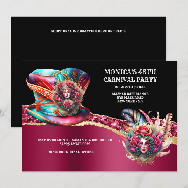 Invitación Fantasía de carnaval señoras rosa plumas borgoñas (Anverso / Reverso)