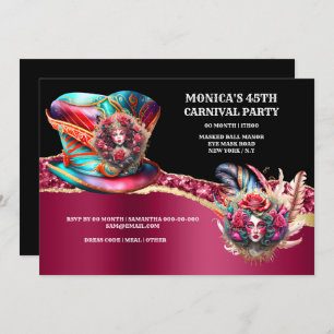 Invitación Fantasía de carnaval señoras rosa plumas borgoñas