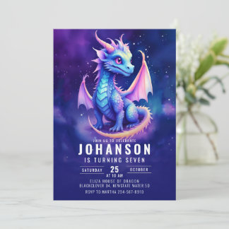Invitación Fantasía de Dragón Cuta Fiesta de cumpleaños azul 