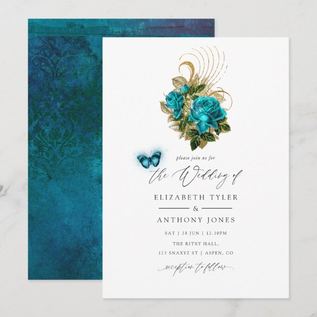 Invitación Fantasía de la selva medianoche Turquesa y Boda de (Anverso / Reverso)