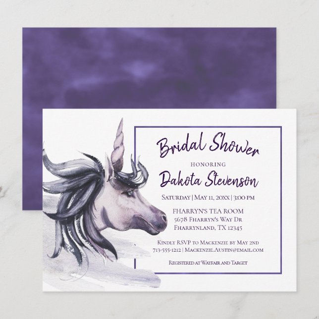 Invitación Fantasía de Unicorn | Ducha acuarela púrpura mágic (Anverso / Reverso)