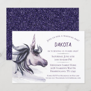 Invitación Fantasía de Unicornio   Cumpleaños Mágico Morado