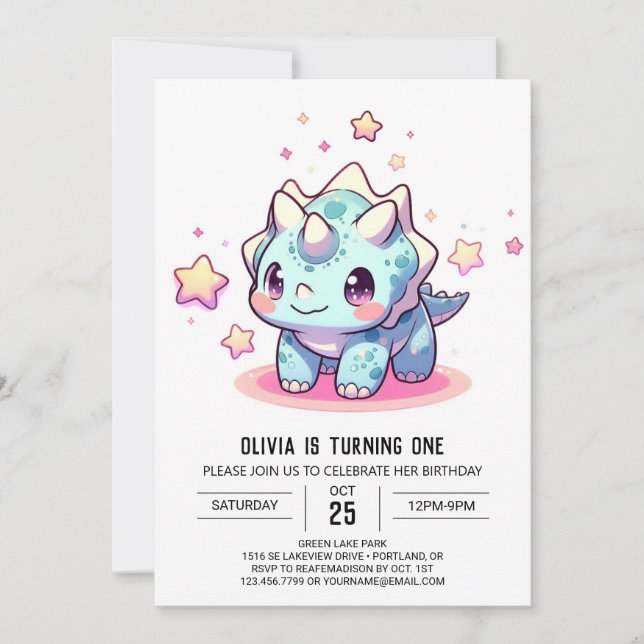 Invitación Fantasía Dinosaurio Moderno Primer cumpleaños (Anverso)