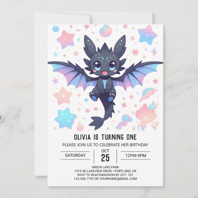 Invitación Fantasía Dulce Dragón Primer Cumpleaños (Anverso)