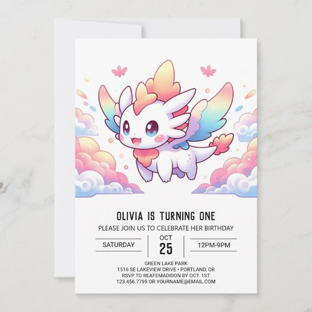 Invitación Fantasía encantada Dragón Primer cumpleaños (Anverso)