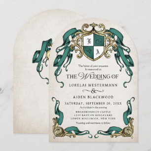 Invitación Fantasia Escudo Medieval Verde Esmeralda Boda
