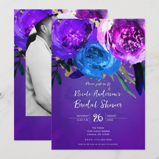 Invitación Fantasia Floral Púrpura Violeta Ultra Intensa de N (Anverso / Reverso)