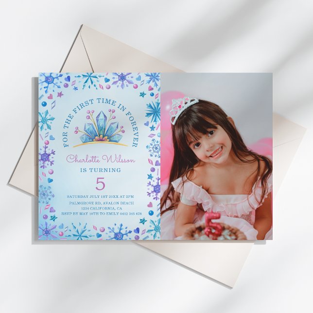 Invitación Fantasía helada de hadas congelada (Frozen Fairy Tale Ice Princess Crowns Photo Birthday Invitation)