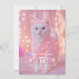 Invitación Fantasia Invernal Gatito Reno Brillante Cute