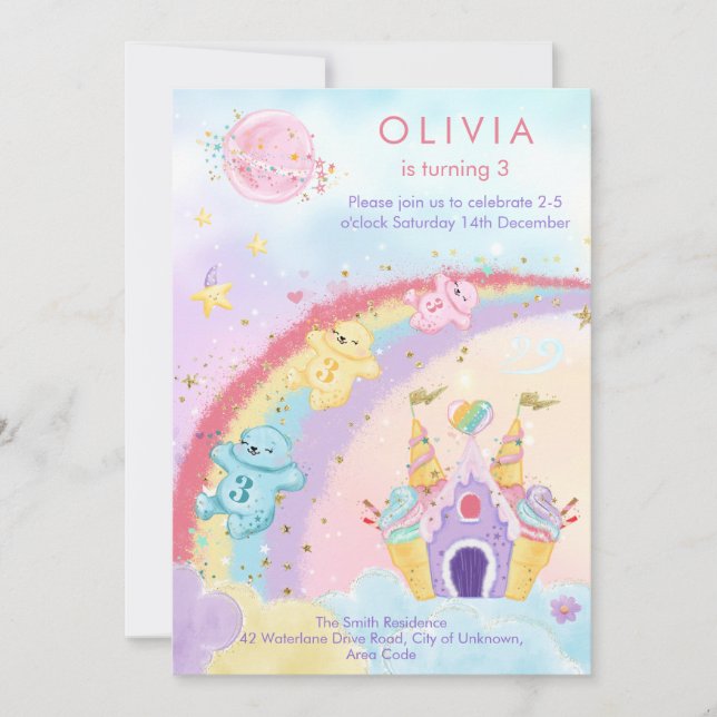 Invitación Fantasía mágica arcoiris con niños cumpleaños (Anverso)