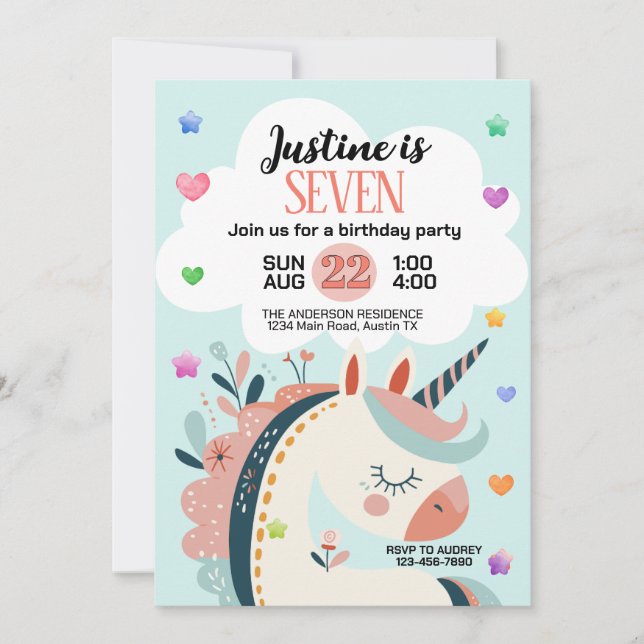 Invitación Fantasía mágica fiesta de cumpleaños de Unicornio (Anverso)